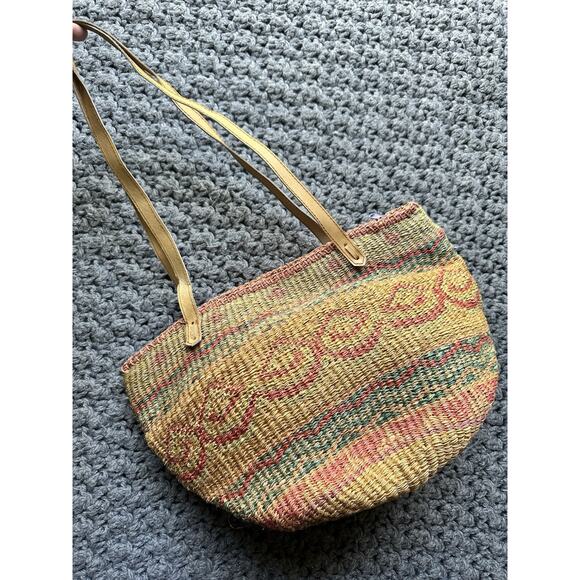 Vintage Woven Wicker Rattan Straw Handbag Tote Purse Bag Leather Straps - Picture 2 of 11